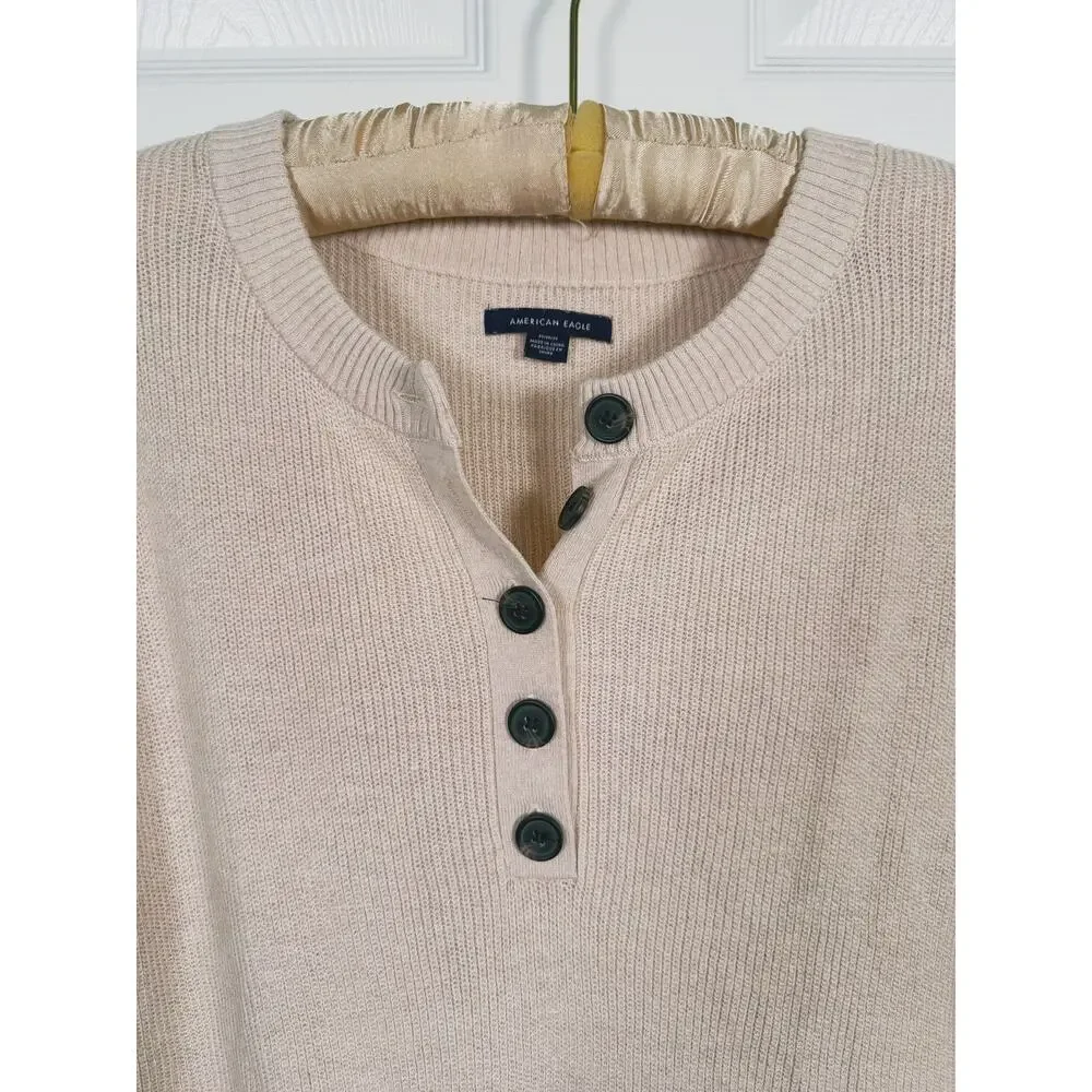 American Eagle Rugby Stripe Henley Sweater Medium Beige Ivy League Coastal Prep